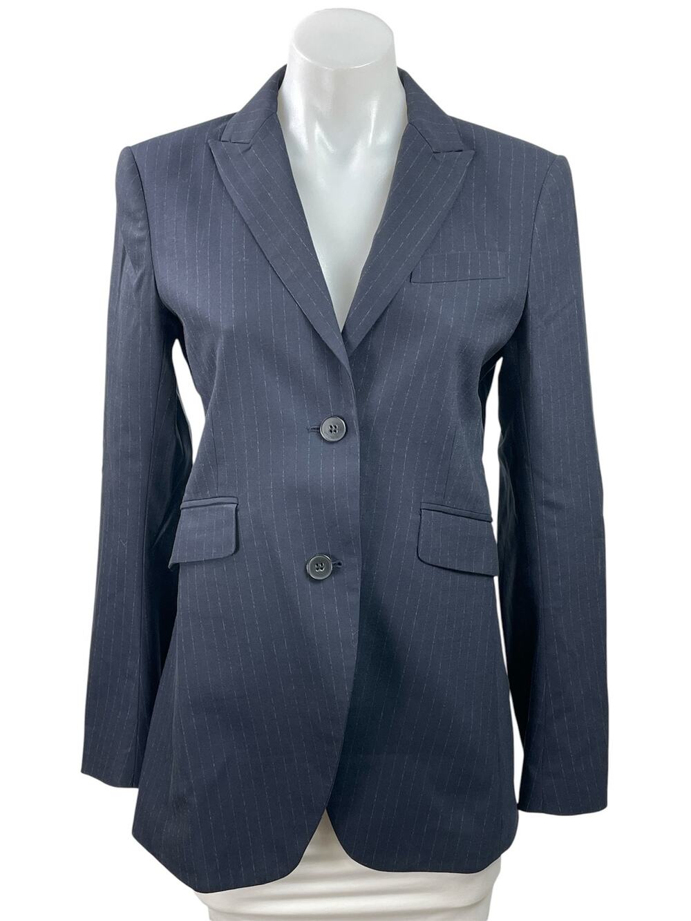 Theory Women's Navy Blue Pinstriped Peak Lapel Blazer Coat Suit Jacket Size 8